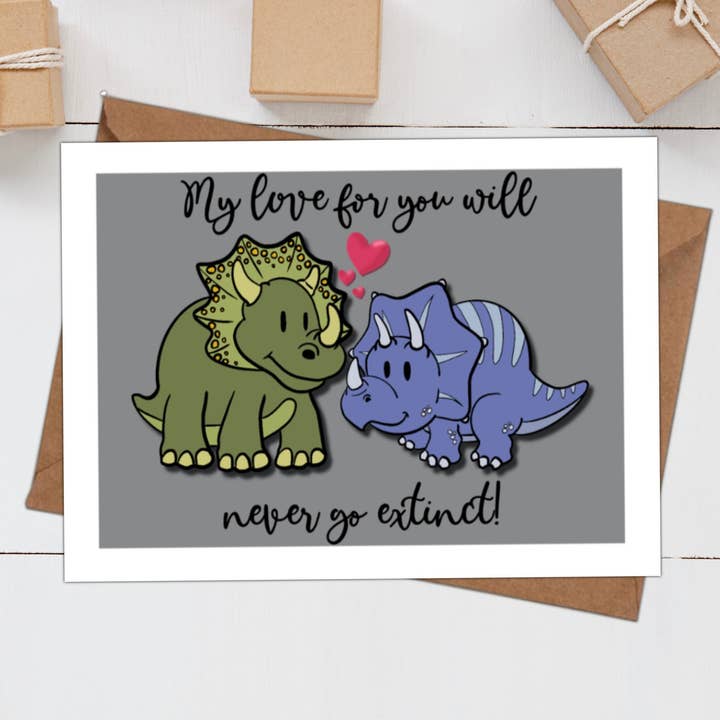 Dinosaur Love Greeting Card for wholesale by Stick With It Sticker Co