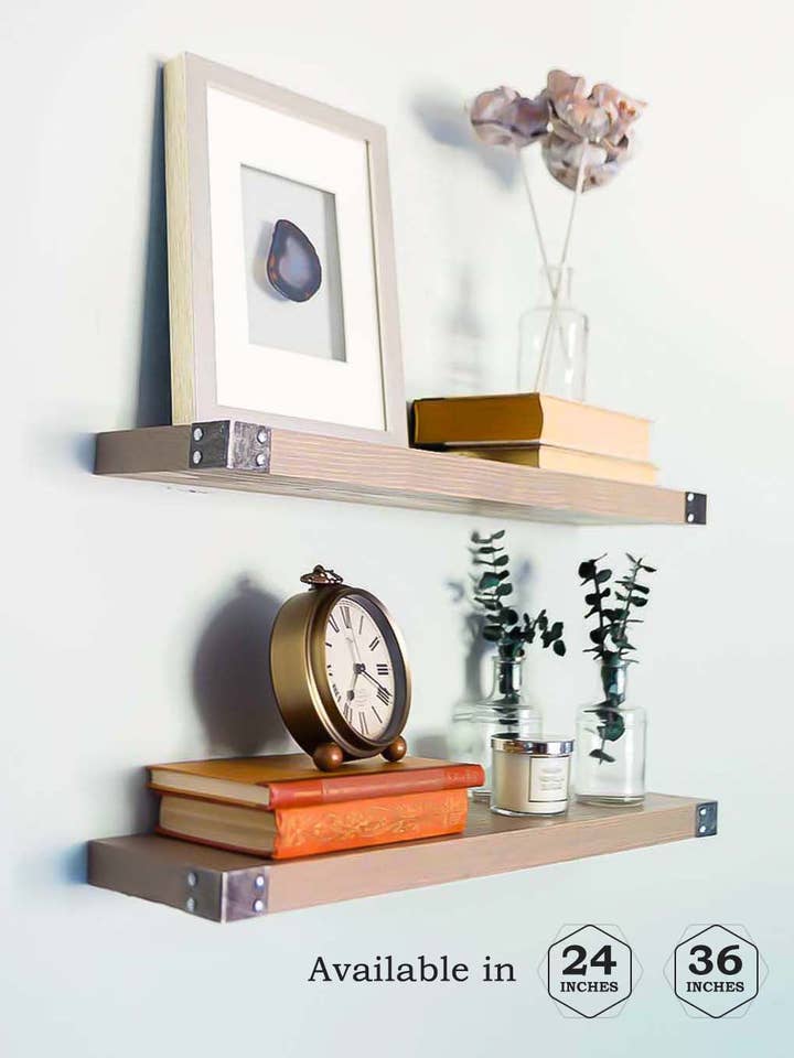 The Karina - Rustic Gray Floating Shelves with Antiqued Iron Corners, All Wood Wall Shelves - Set of 2 - Bedroom, Bathroom, Kitchen - 24 x 6 x 1.5 in / 36 x 6 x 1.5 inches for wholesale by Willow and Grace Designs Inc