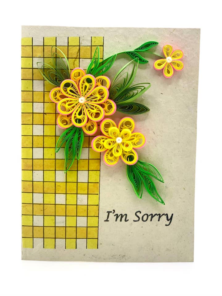 Sorry - Biglietto di auguri con fiori trapunti per la vendita all'ingrosso da parte di Lokta Cards