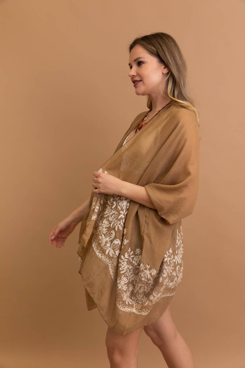 Leto Accessories - Vente Kimono – femme - Kimono brodé floral style bohème chic avec détails en points et pompons 🌼4