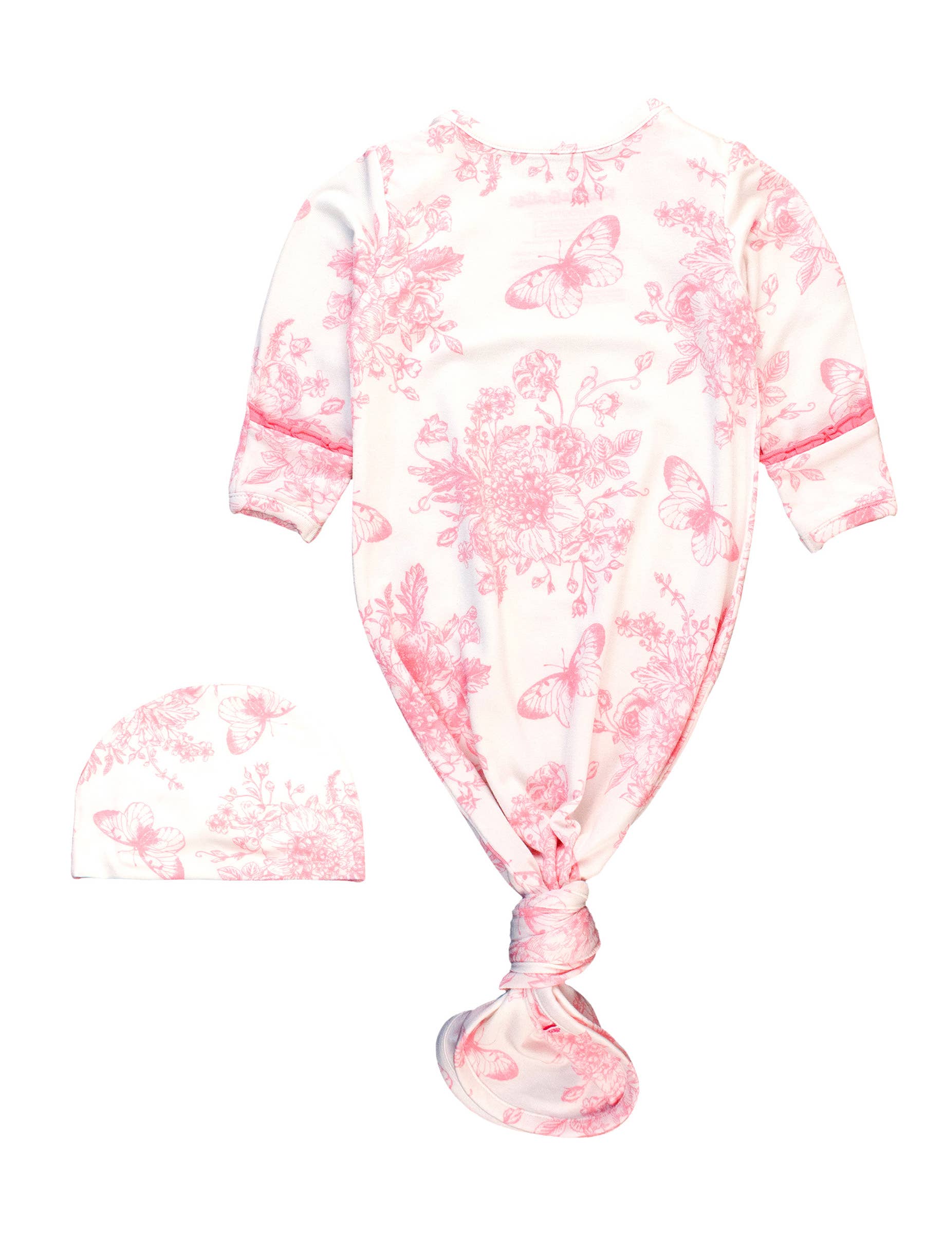 White SoftSnooze™ Baby Girls Bamboo Viscose Pink Butterfly Garden Toile Ruffle Knotted Sleep Gown & Bow Hat Set for wholesale on Faire2
