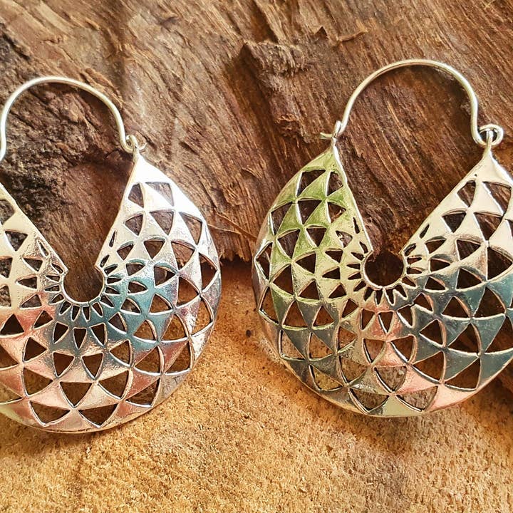Kaali Boutique - Wholesale Hoop earrings - Aztec Hoops Inca Style Silver Earrings / Boho Jewellery / Bohemian