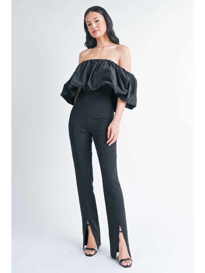 Black IJP2792 BUBBLE OFF SHOULDER BOOTCUT JUMPSUIT WITH FRONT SLIT for wholesale on Faire