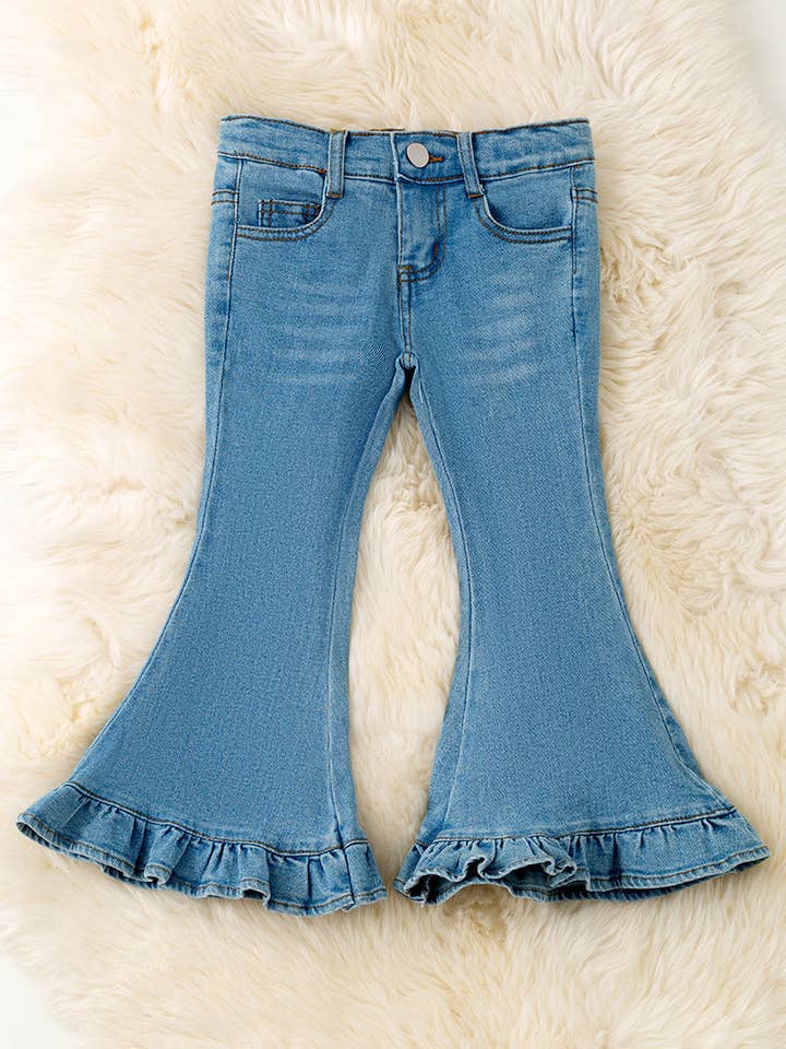 Lt. Blue ruffle trim bootcut denim pants. PNG50700 SOL for wholesale by Kids Charm Online