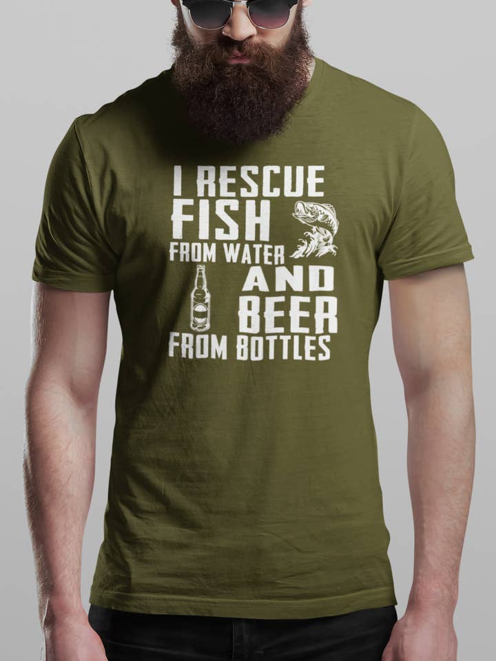 Hunt Hook Eat - Wholesale Screen Printed T-Shirt - Men's - I Rescue Fish & Beer Tee1