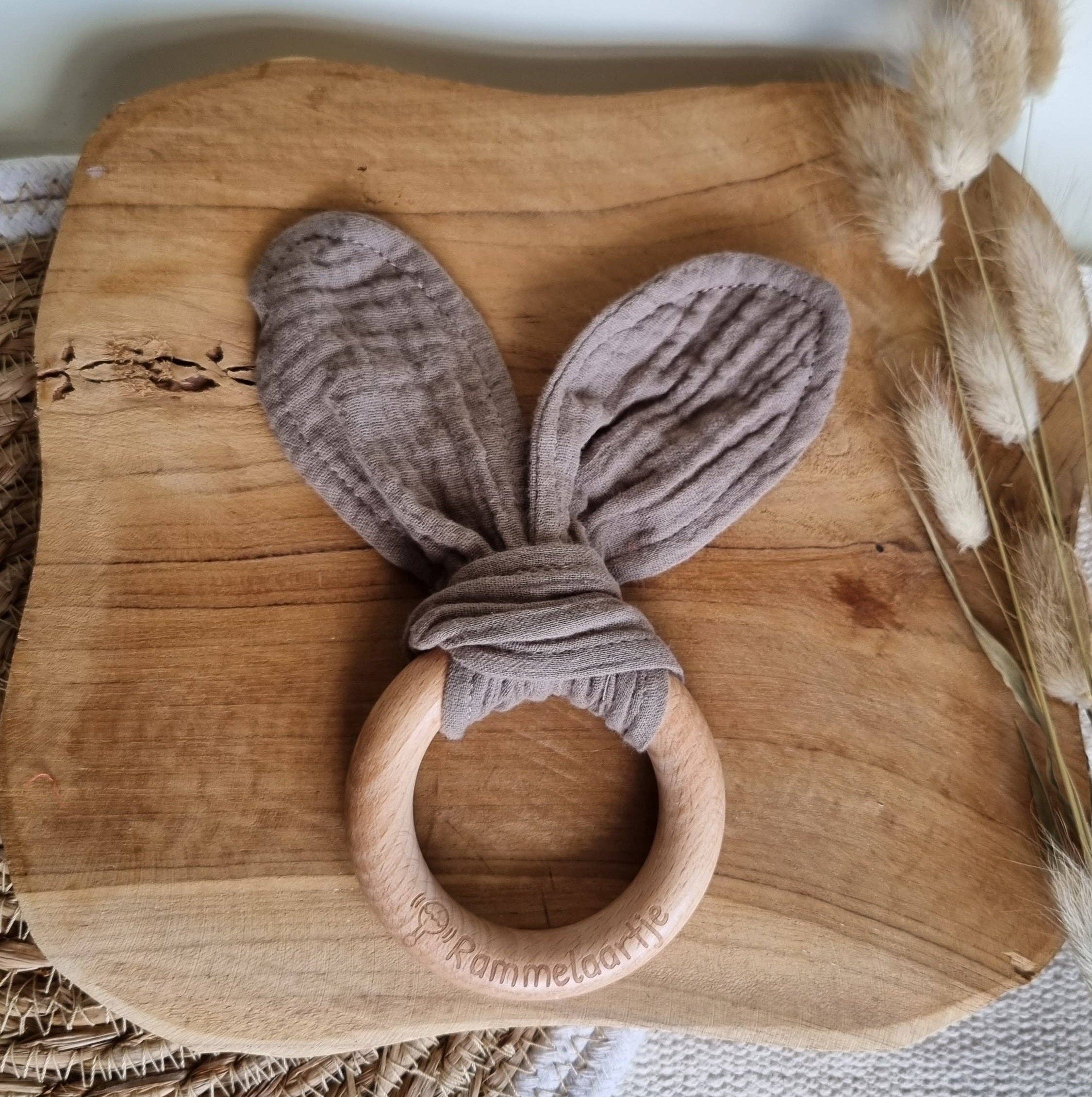 Rammelaartje - Wholesale Teether (Not Clip-On) - Baby - Wooden teether with soft rabbit ears 15 cm - Soft brown