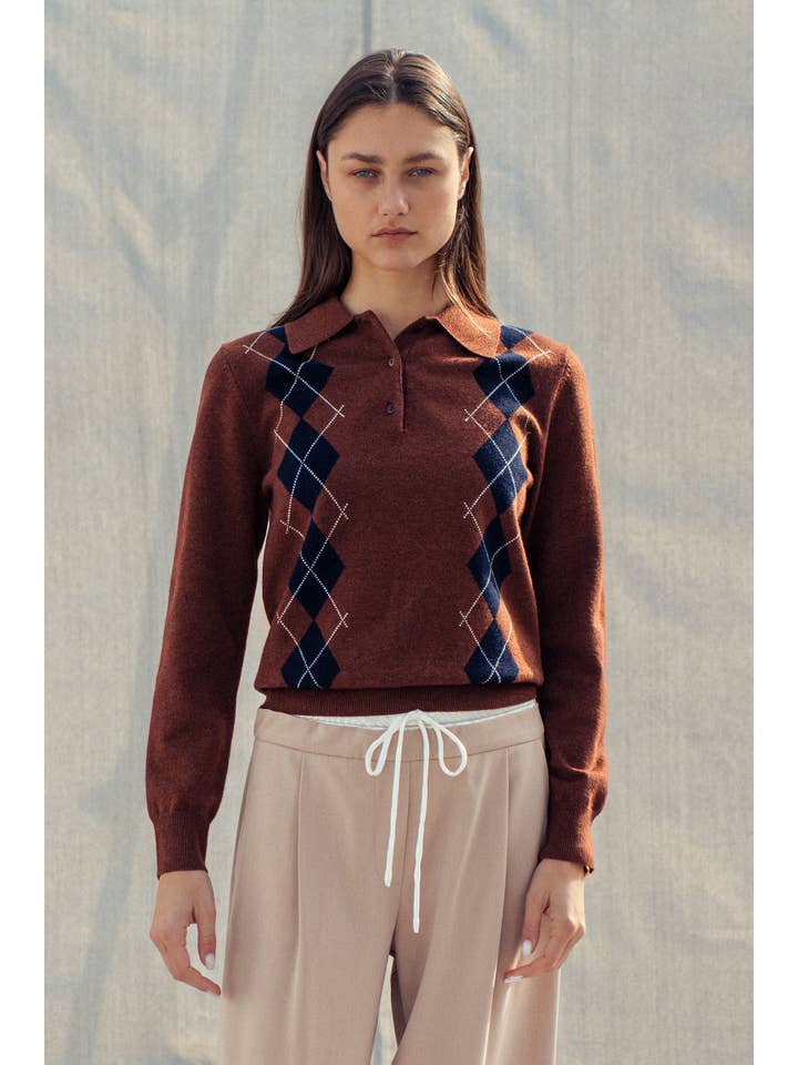 Urban Daizy - Vente Pull en maille – femme - Pull Polo Tricoté à Motif Argyle Classique5