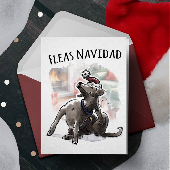 “Fleas Navidad” Funny Dog Lover Spanish Christmas Card for wholesale by Aaron Millard Illustration