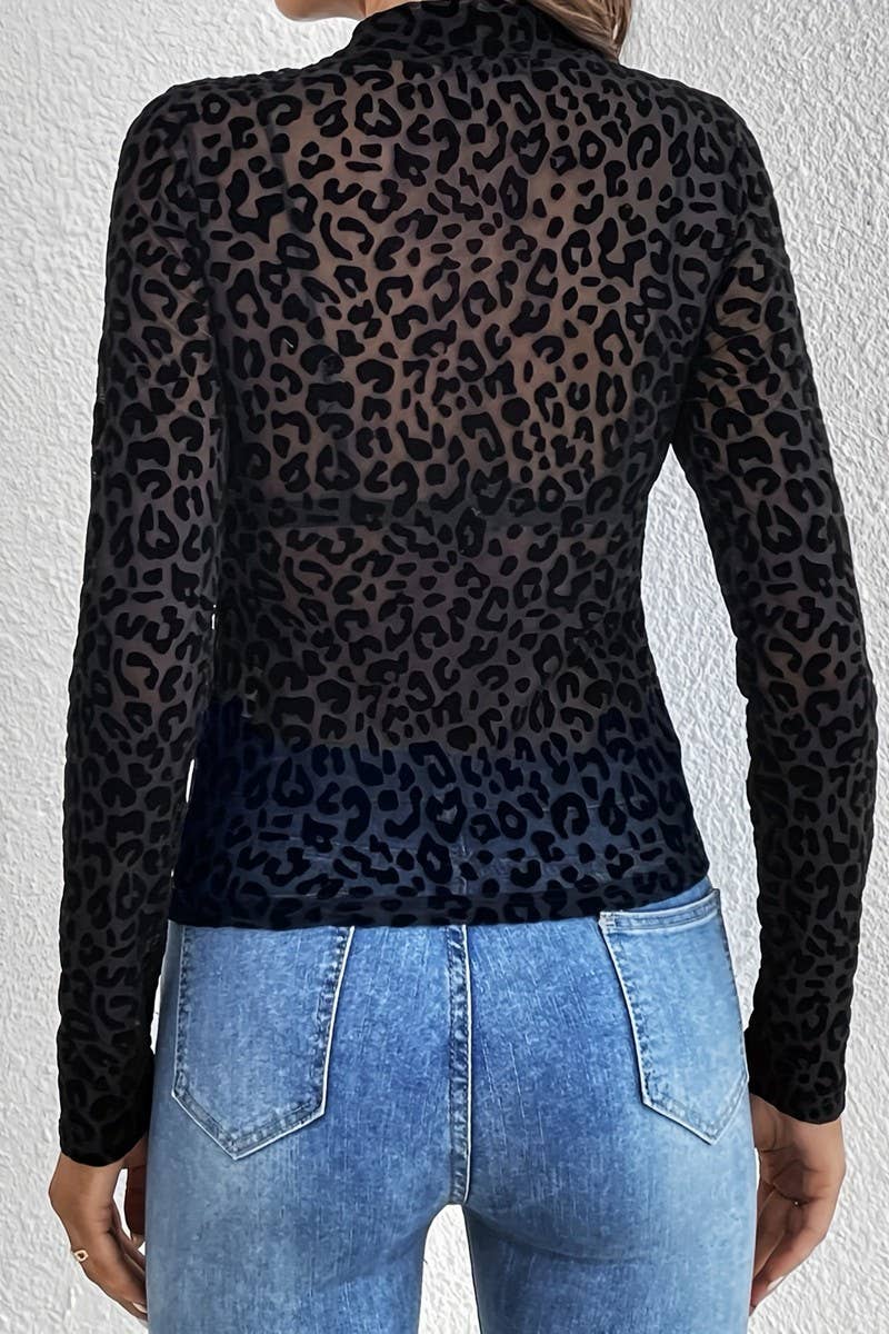 BLACK CWTBLL3466_LEOPARD PRINT STAND COLLAR MESH BOTTOMING TOP for wholesale on Faire4