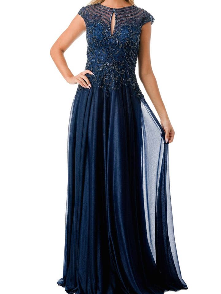 Aspeed Filigree Beaded Keyhole Long Evening Dress for wholesale by New Yorker's Apparel