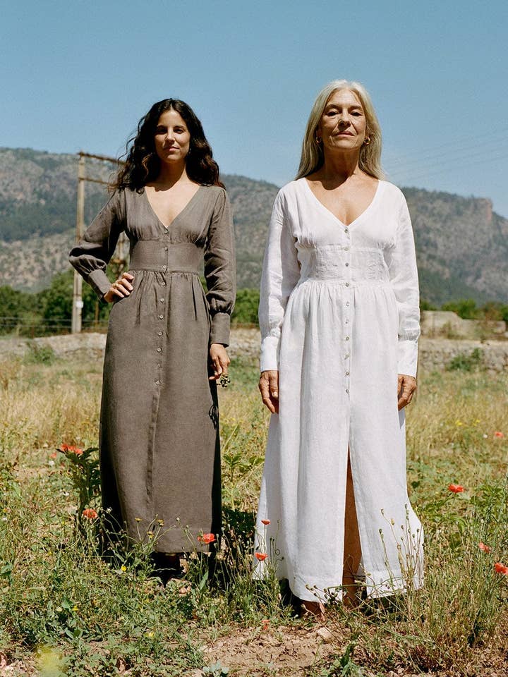 The Gertrude Linen Maxi Dress in white for wholesale by arkitaip