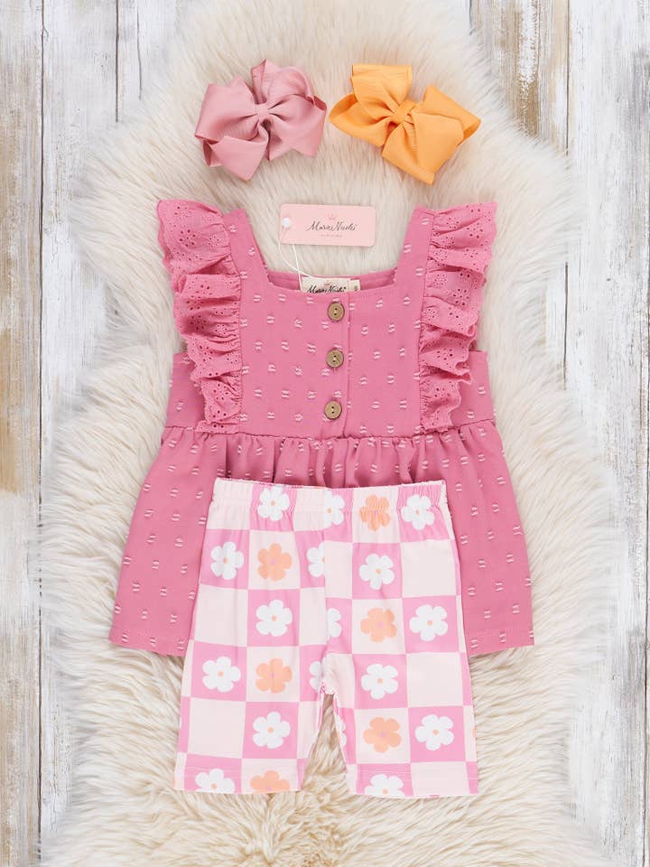 Marie Nicole Clothing - Wholesale Top & Short Set - Kids - Daisy Checkers Ruffle Outfit