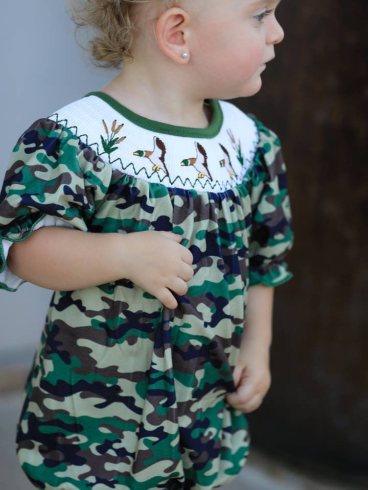 Rylee Faith Designs - Wholesale Bodysuit (Non-Footed) - Baby - Camouflage Duck Smocking Embroidery Girls Romper1