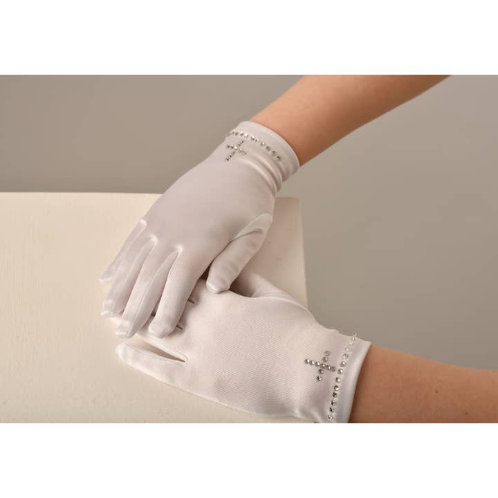 White Girl's Communion Gloves with Cross Diamonds G-4 for wholesale on Faire