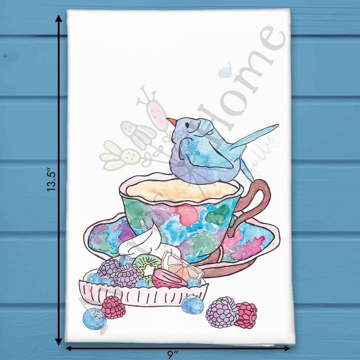 Blue Bird Tea Cup and Fruit Tart Tea Towel for wholesale by Avery's Home