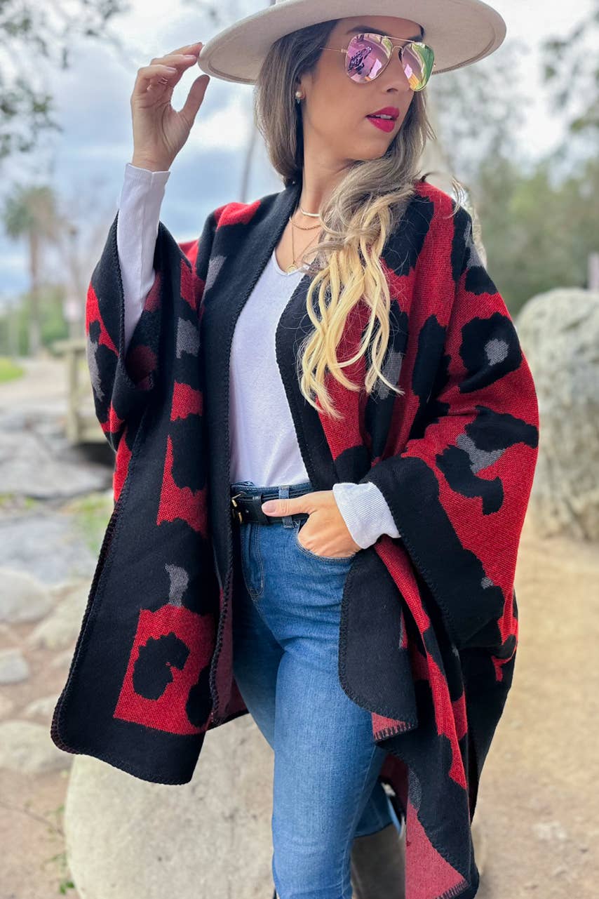 Rood Rood gebreid comfortabel kimono-vest met luipaardprint voor groothandel op Faire6