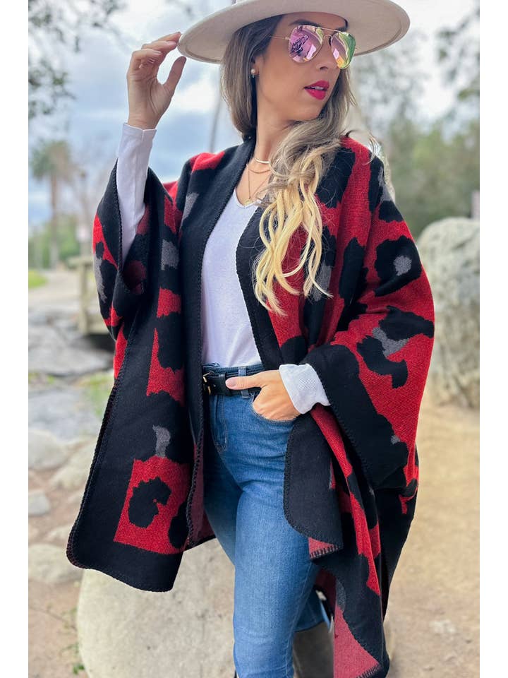 Rood Rood gebreid comfortabel kimono-vest met luipaardprint voor groothandel op Faire6