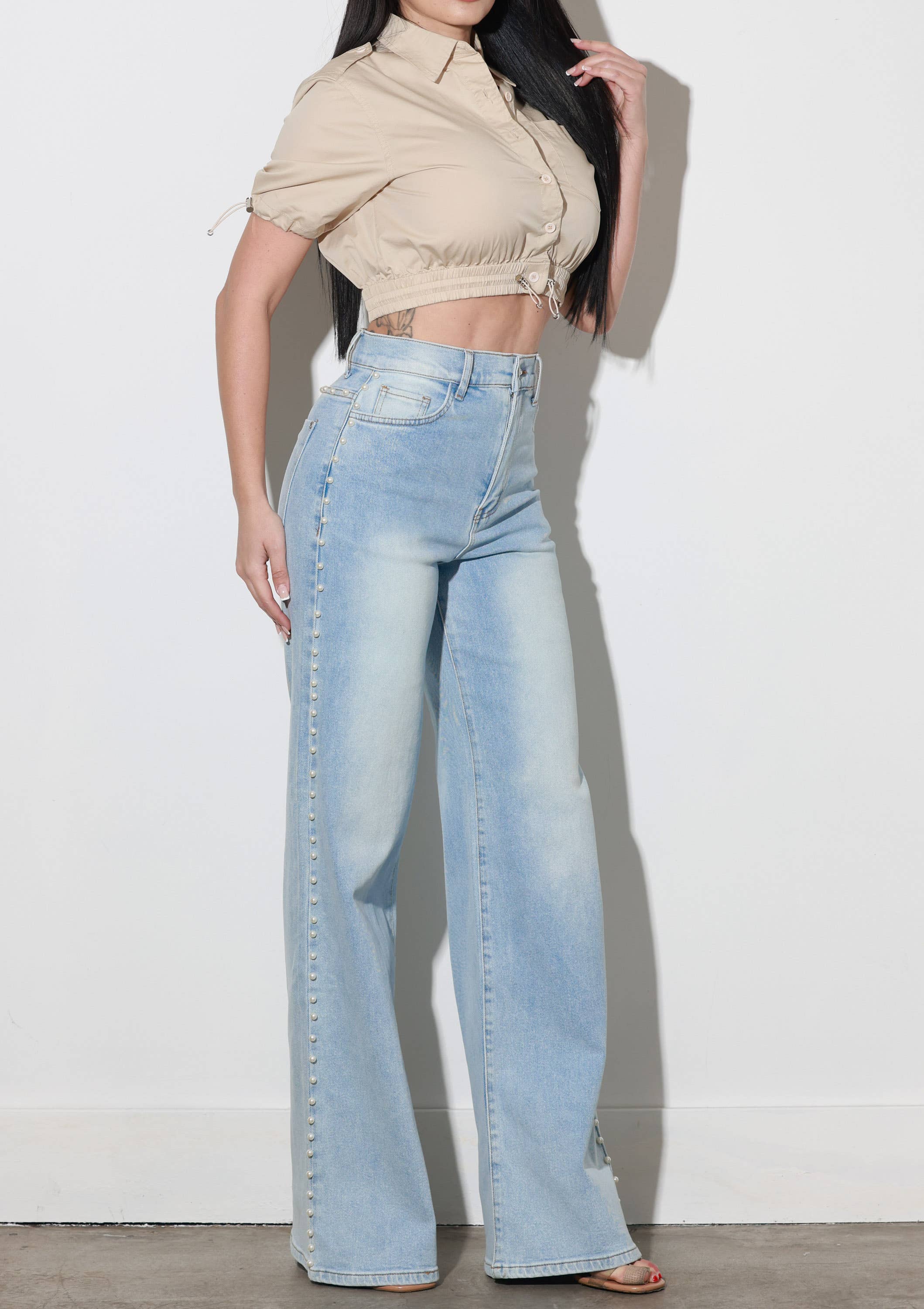 Light Stone Pearl Stud High Rise Wide Jeans for wholesale on Faire4