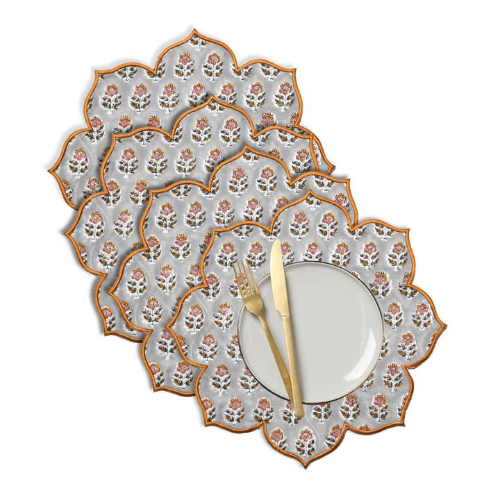 Embroidered Scalloped Cotton Placemats - Labra Gray (Set of 4) for wholesale by Cotton Print Club