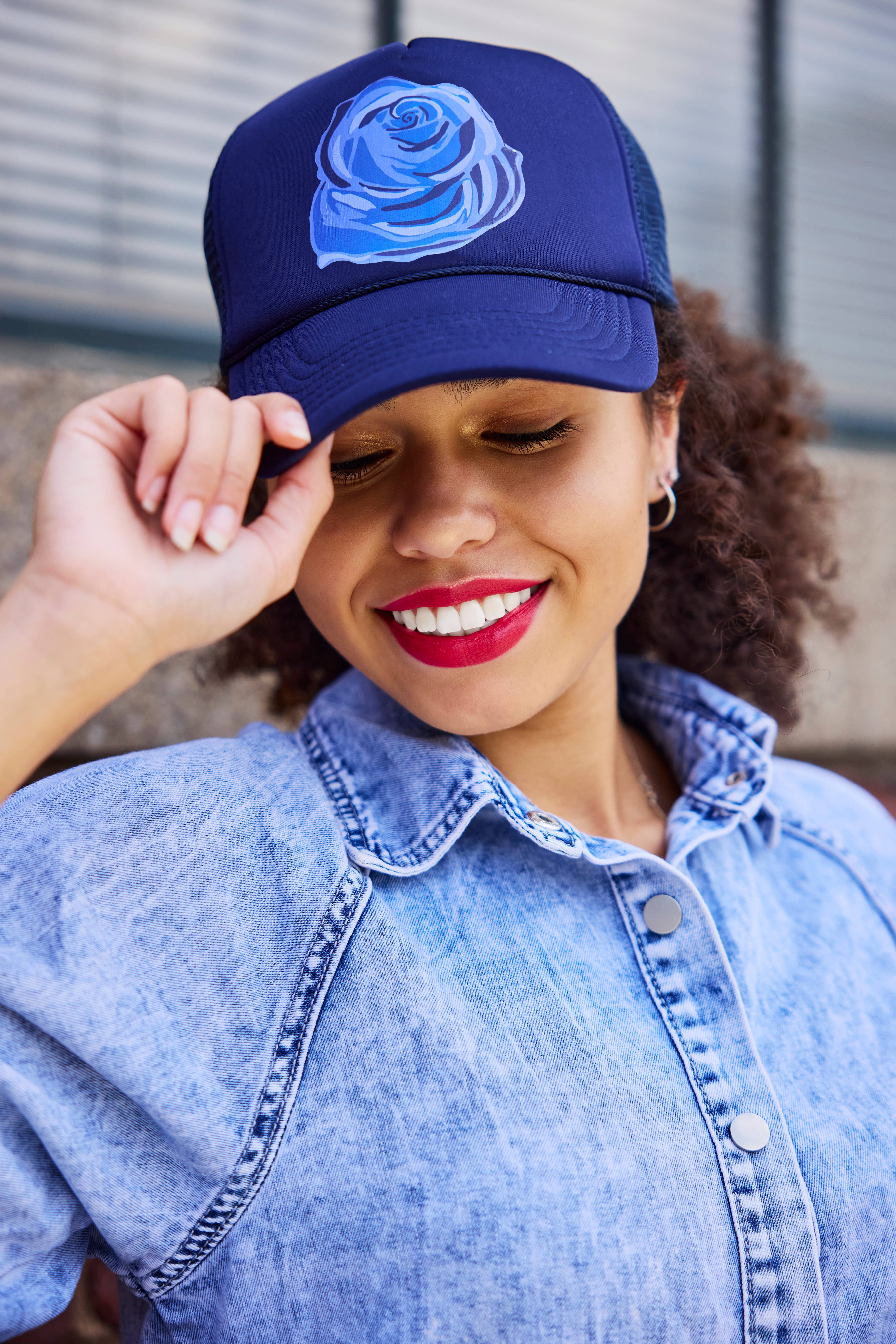Camille’s Closet - Wholesale Trucker Hat - Women's - Rose Garden Navy Blue Trucker Hat1