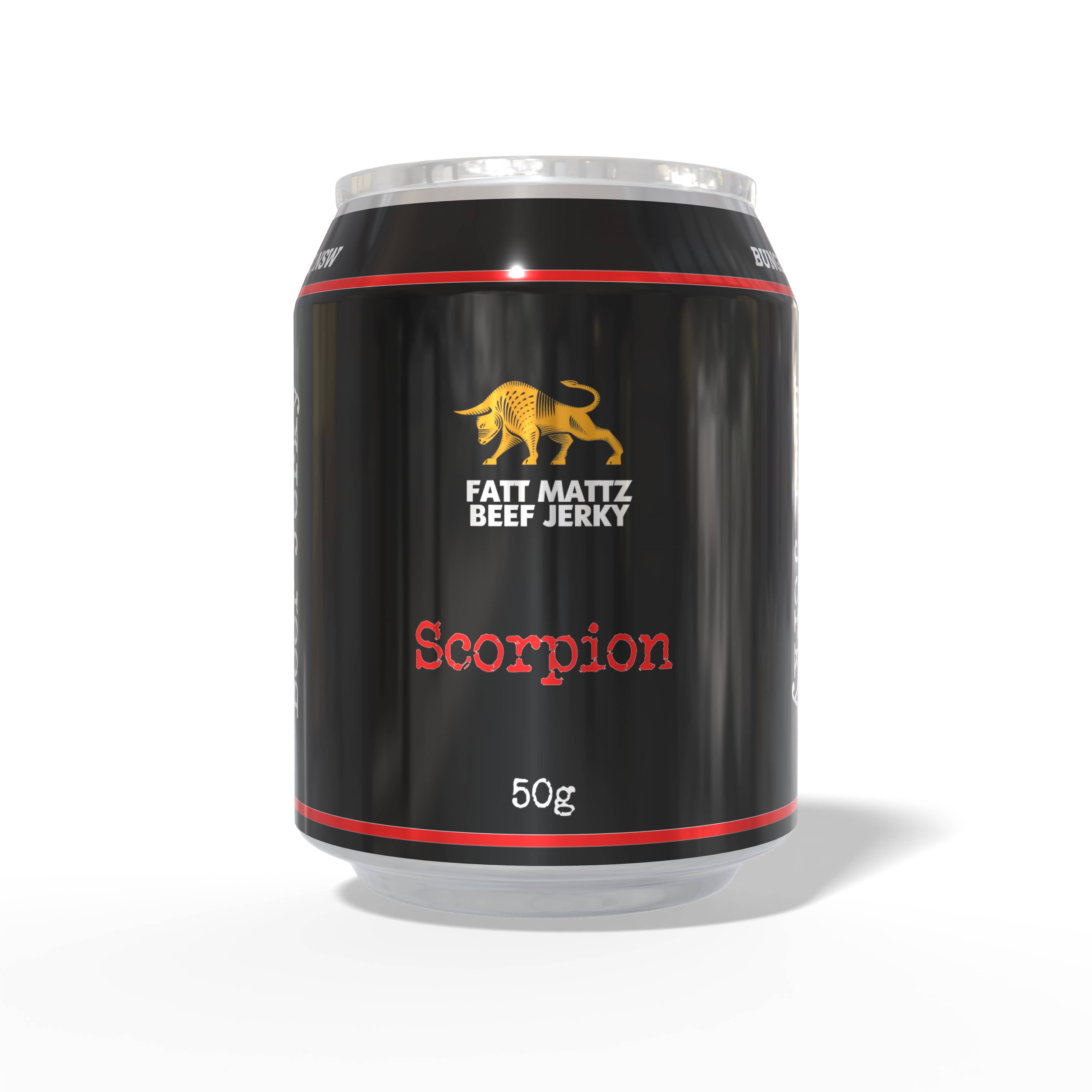 Fatt Mattz – wholesale Torkat kött – Skorpion Biff Jerky - 12 x 50g Burkar