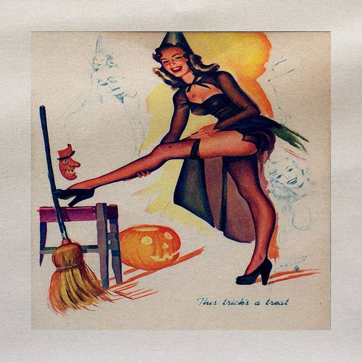 Halloween Pin Up Witch Lady Bezem bedrukt stoffen paneel voor wholesale door Hills Of Fabric
