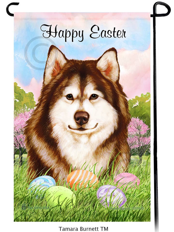 Alaskan Malamute Red and White Happy Easter Garden Flag for wholesale by Pet Gifts USA, LLC