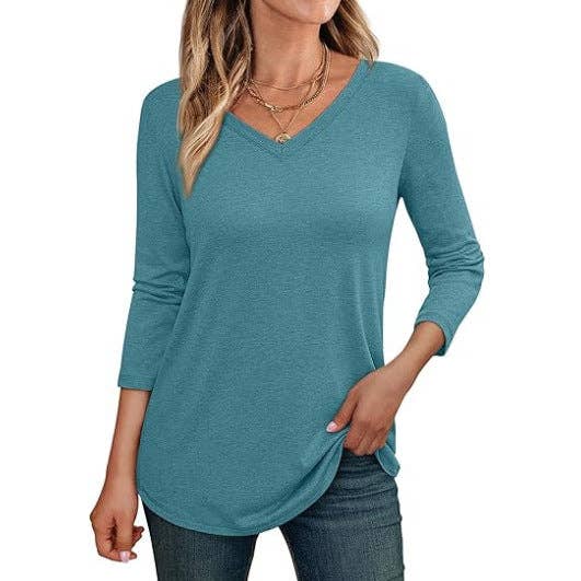 SALINA TRADING INC - Wholesale Tunic - Women's - Women Casual Solid Color V-Neck Long Sleeve Blank T-Shirt2