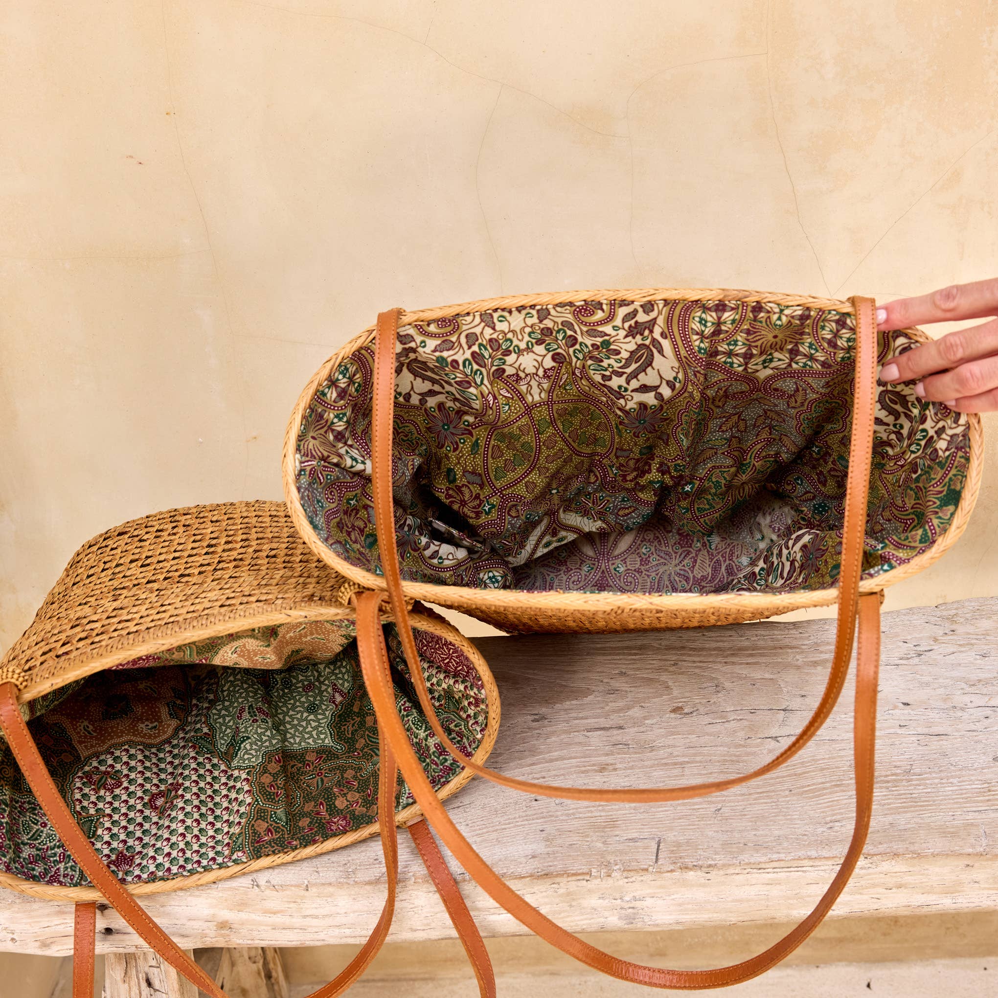 The Winding Road - Wholesale Tote Bag - Women's - Ata Vine Open Weave Bucket Tote Bag with Batik Print Lining1