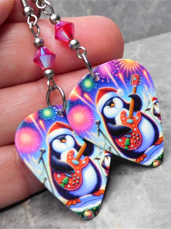 Rock and Roll Penguin Guitar Pick Earrings with Swarovski for wholesale by Simply Raevyn