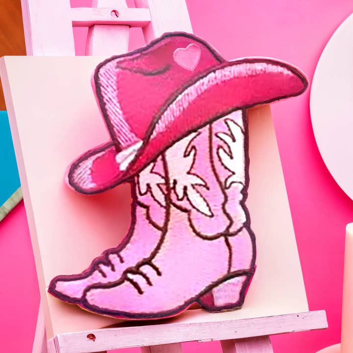 Pink cowgirl boot with heart embroidered patches for wholesale by Patchgram