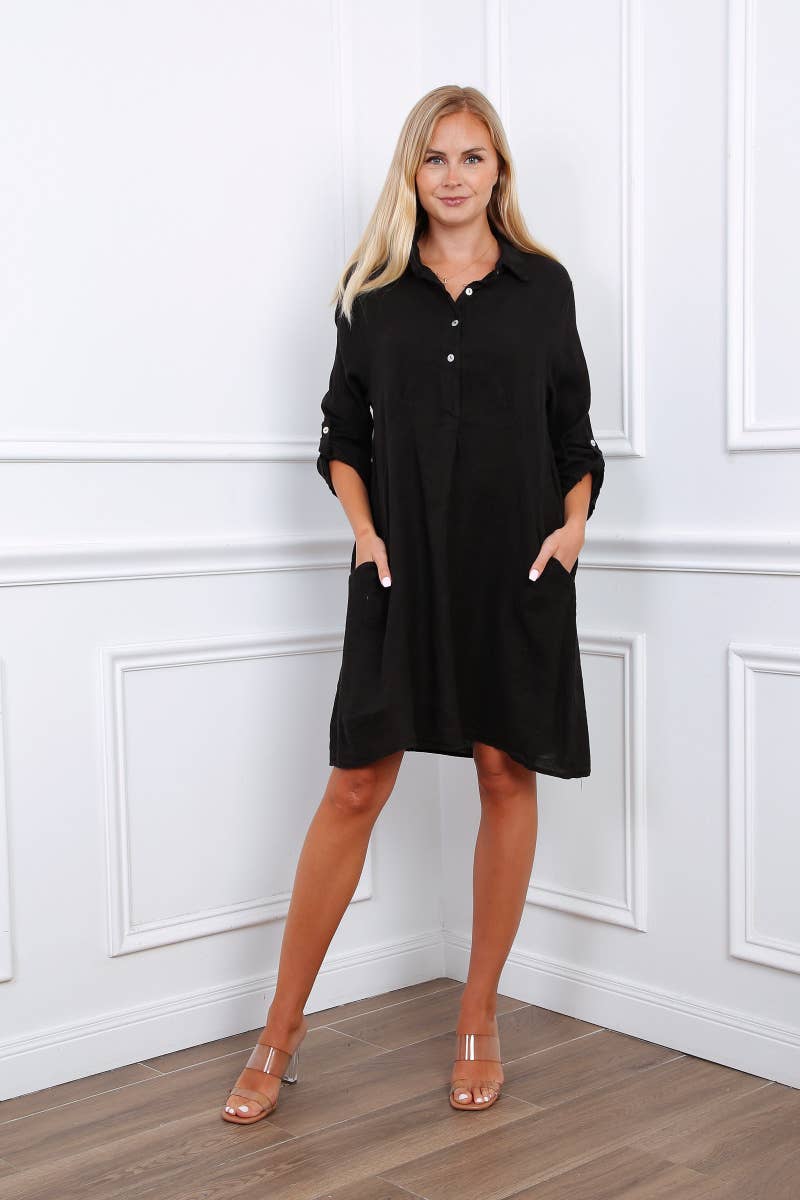 Happy look – Großhandel Kleid – Damen – Kurzes Hemdkleid aus Leinen mit langen Ärmeln11