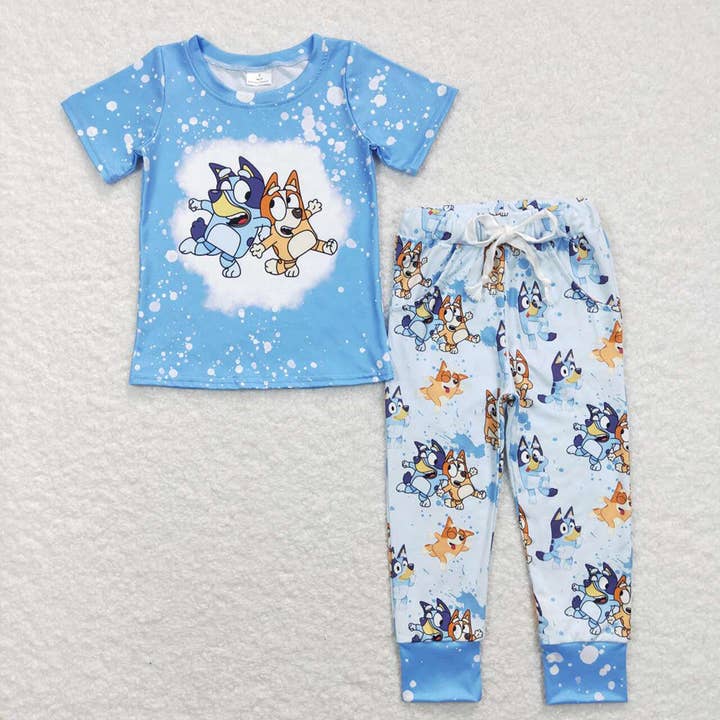 Aier Wholesale - Wholesale Top & Pant Set - Kids - Baby Boys Blue Dog Short Sleeve Shirt Top Pants Clothes Sets