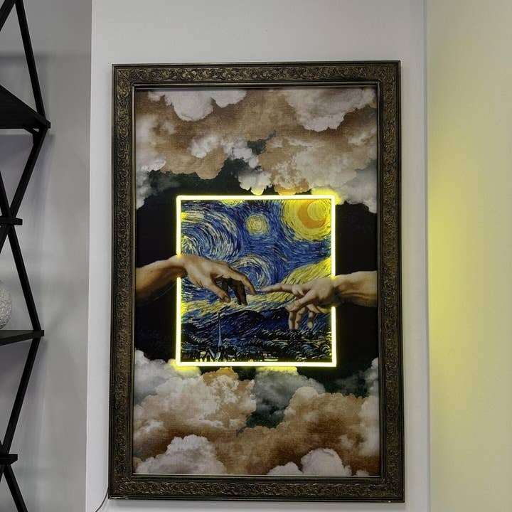 CityNeon - Wholesale Neon Sign - Van Gogh X Creation of Adam Neon Sign - Modern Religious Art, Illuminated God and Adam, Unique Bedroom Decor, Famous Artist Symbolism Print