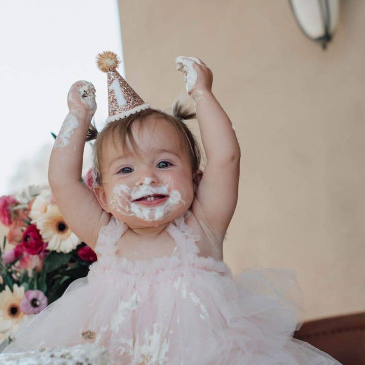 Little Blue Olive - Wholesale Party hat/crown - Confetti Hat, Blush Trim and Gold Tinsel Pom