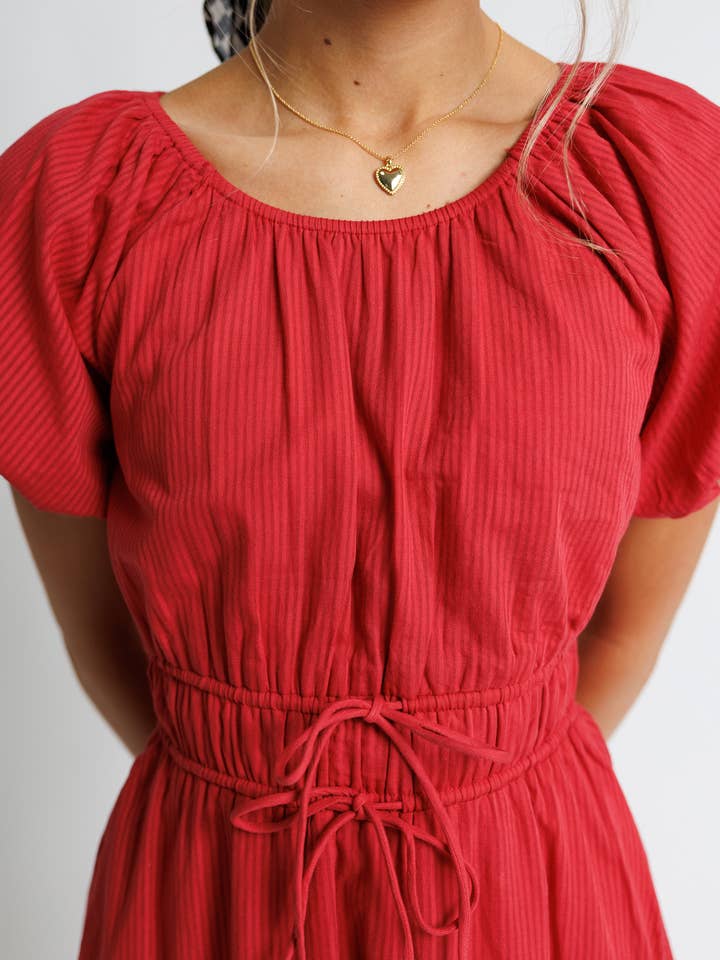 Chrysanthemum Miranda Red Short Sleeve Scoop Neck Midi Dress for wholesale on Faire