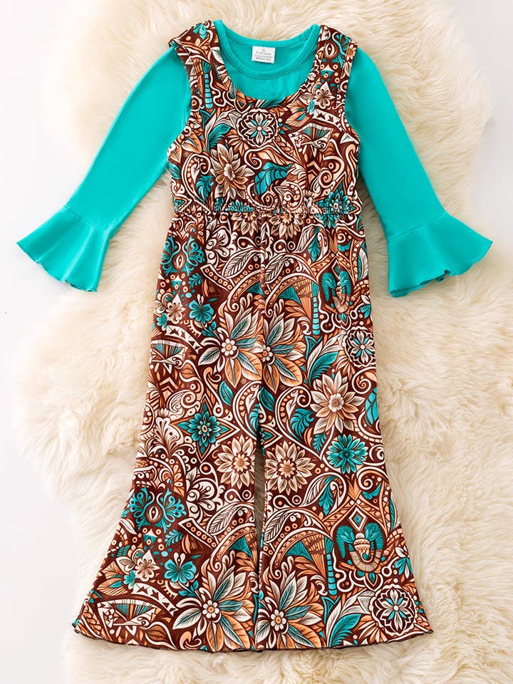 Combinaison marron avec chemise à manches longues bleu sarcelle. OFG52044 SOL pour la vente par Kids Charm Online