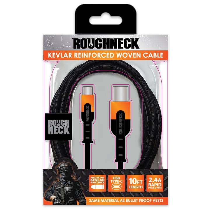 Novelty Closeout - Wholesale Charging Cable - Roughneck Charging Cable USB to USB-C 10 ft Kevlar HD- 3/Pk