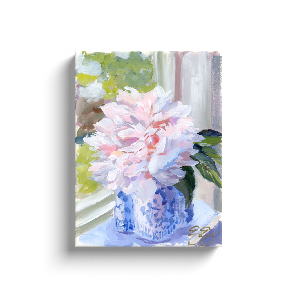 Elizabeth Alice Studio - Wholesale Art Print - No. 396 Sarah Bernhardt peony in blue and white vase, a canvas wrap print7