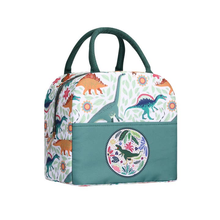 Bolsa de almuerzo verde aislada con estampado de dinosaurio y bolsillo frontal para venta al por mayor de STELLA GREEN