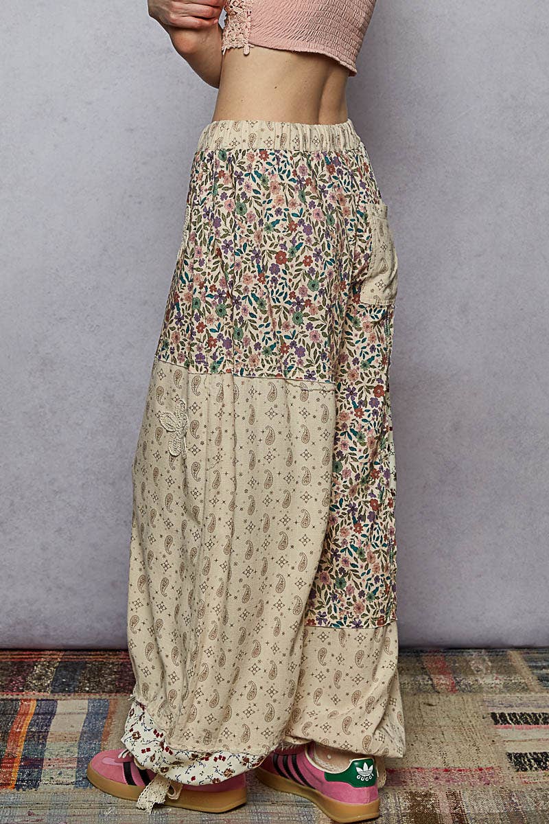 Pol Clothing - Wholesale Pants - Women's - Crochet patch detail contrast patchwork printed woven pants18