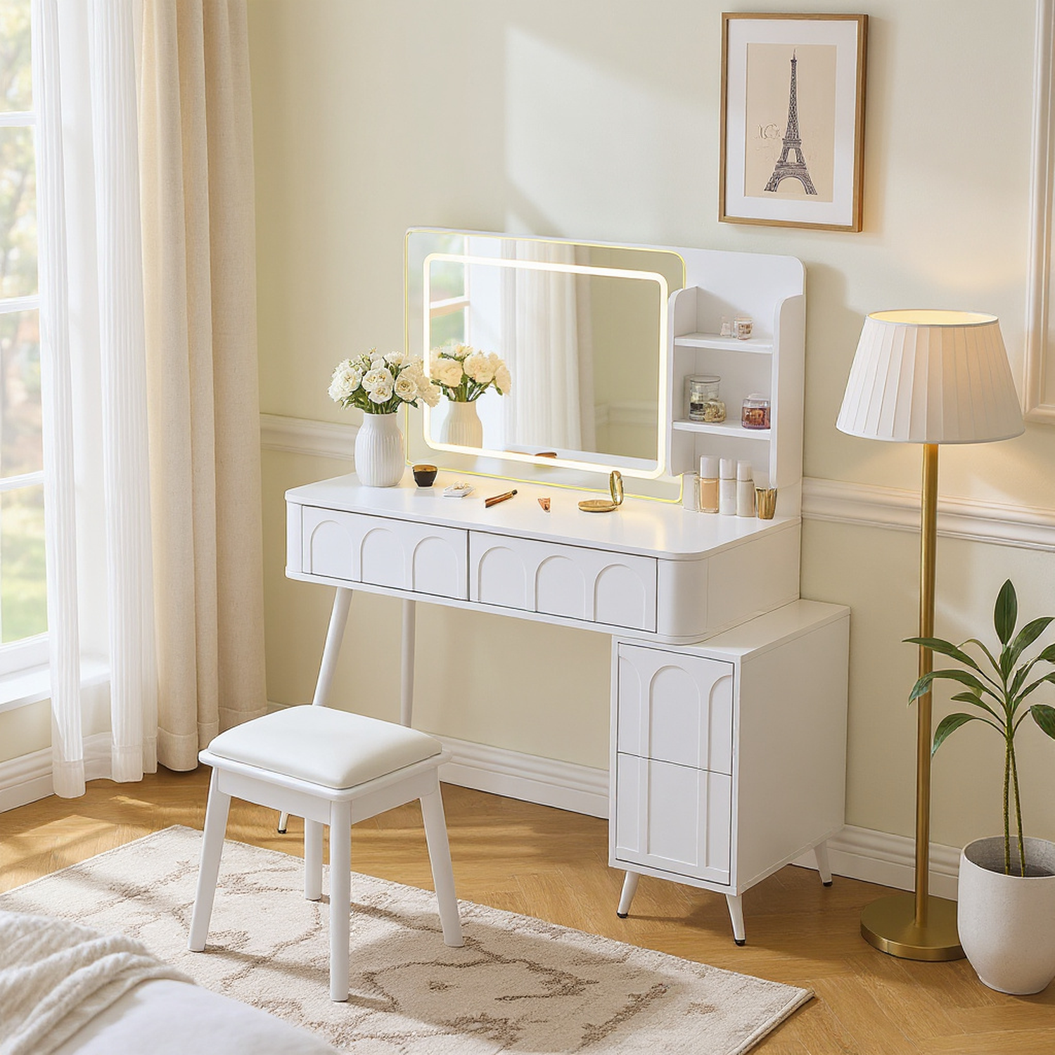 White Modern Makeup Vanity Desk with LED Lights & Mirror for wholesale on Faire14