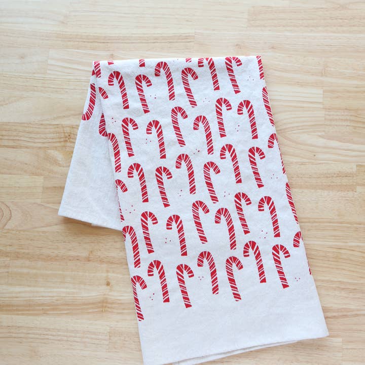 *NEW* Candy Cane Kitchen Towel, Handprinted Christmas Towel for wholesale by The High Fiber