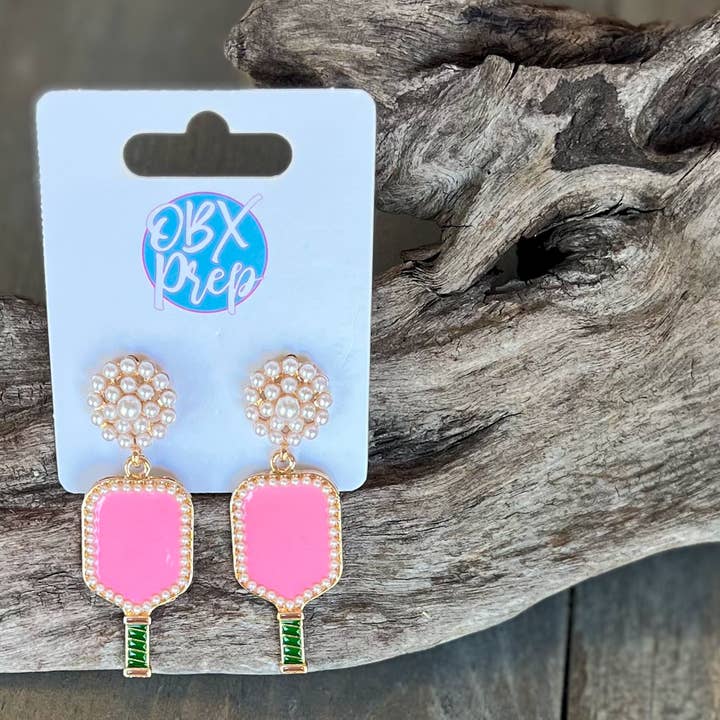 Jenny Pickleball Enamel and Pearl Dangle Earrings for wholesale by OBX Prep