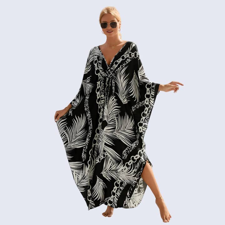 Miss Lavish London - Wholesale Kaftan - Women's - Kaftan Summer Dresses, Braided V-Neck - Black Palm, S-3XL2