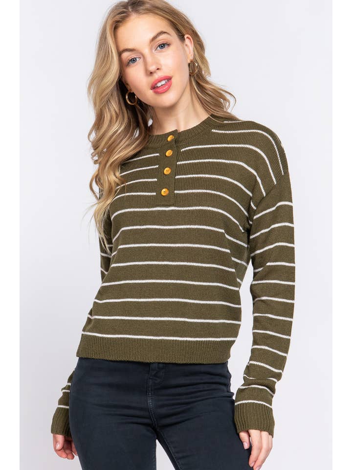 42POPS - Wholesale Knit Sweater - Women's - ,._ SI-24900 FITTED LONG SLV PLACKET STRIPE SWEATER