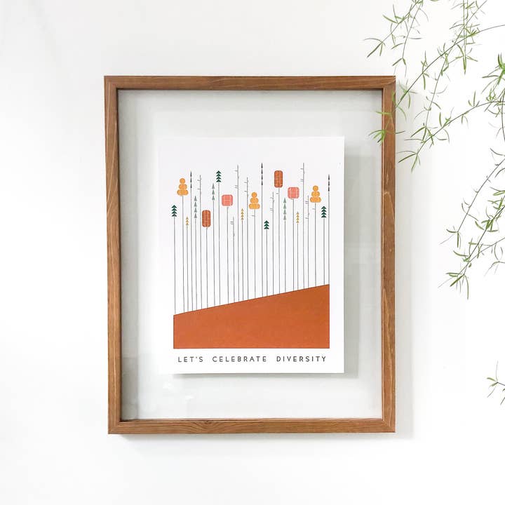 Let's Celebrate Diversity, print van 11 x 14" in gebrand oranje voor wholesale door Gingerly Press