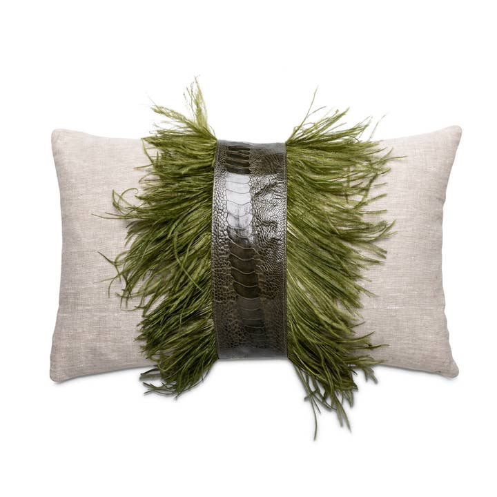 Ostrich Trim Pillow - Olive / Linen for wholesale by Ngala Trading