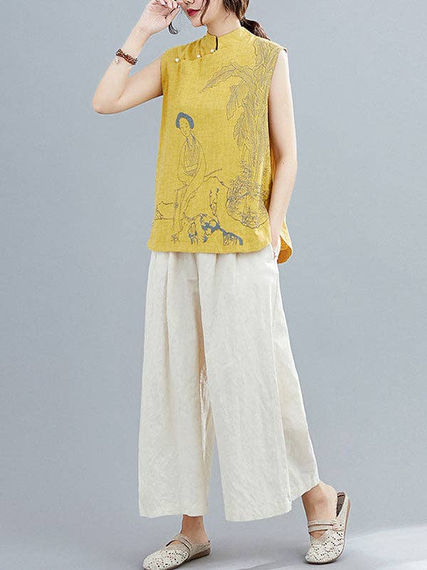 Sheer Trend - Vente Chemisier – femme - T-shirt sans manches à col montant boutonné imprimé de style chinois artistique rétro8