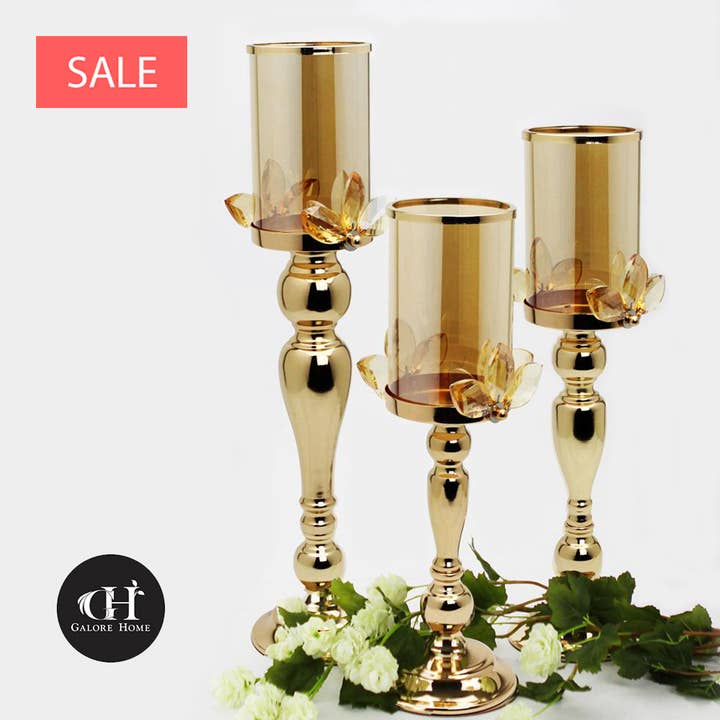 SALE | Crystal Leaf Candle Holder On Metal Stand, Gold for wholesale by Galore Home